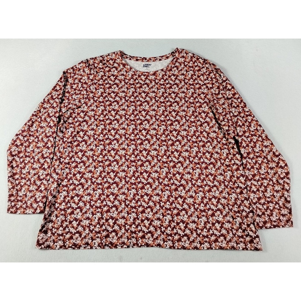 Lands' End Shirt‎ Womens 1X Red Floral Long Sleeve Cotton Jersey Crew Tee Summer